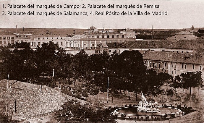 02. Arranque del Paseo de Recoletos con la Cibeles y el Pósito.T omada esde el campanario de la Iglesia de San Fermin de los Navarros. Hacia 1857. Anotada