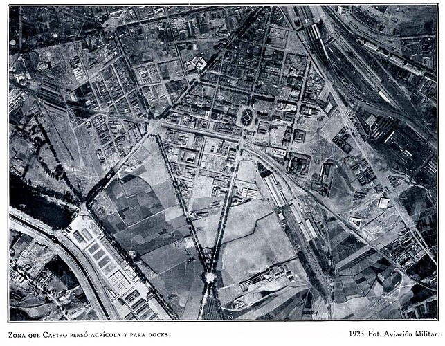 Zona que Castro pensó agrícola y para docks. Aviación militar. revista-arquitectura-1923-n54-pag325-332 r