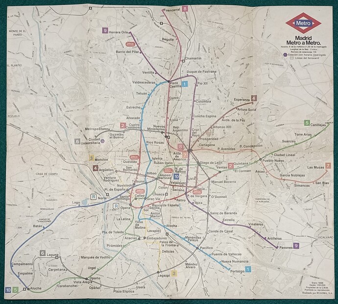 Plano del Metro de Madrid. edición año Enero 1988