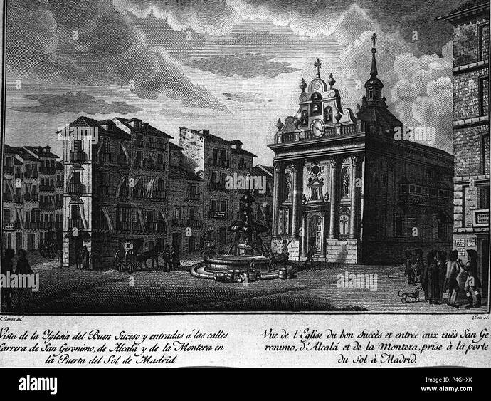 iglesia-del-buen-suceso-y-entradas-a-las-calles-carrera-de-san-jeronimo-de-alcala-y-de-montera-en-la-puerta-del-sol-de-madrid-grabado-siglo-xix-author-jos-gmez-19th-cent-location-museo-romantico-grabado-spain-P4GHXK