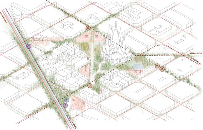 Vista aérea con propuesta basada en “Diagonals” y “Forest in the city” – RCR Arquitectes.