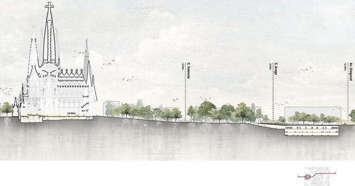 Sección con propuesta de aparcamiento subterráneo bajo la actual Plaza Pablo Neruda – RCR Arquitectes.