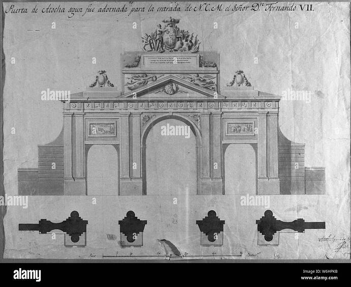 puerta-de-atocha-segun-fue-adornada-para-la-entrada-de-fernando-vii-grabado-siglo-xix-author-lopez-aguado-antonio-location-museo-de-historia-grabados-blanco-y-negro-madrid-spain-W6HPKB