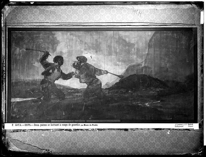 Pinturas Negras de Goya, Duelo a garrotazos o La riña, fotografía de J. Laurent en 1874, en el interior de la Quinta del Sordo, posiblemente con iluminación eléctrica, VN-08122 P