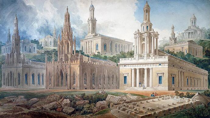 Joseph Michael Gandy, Soane Royal Academy lecture drawing showing different styles of churches